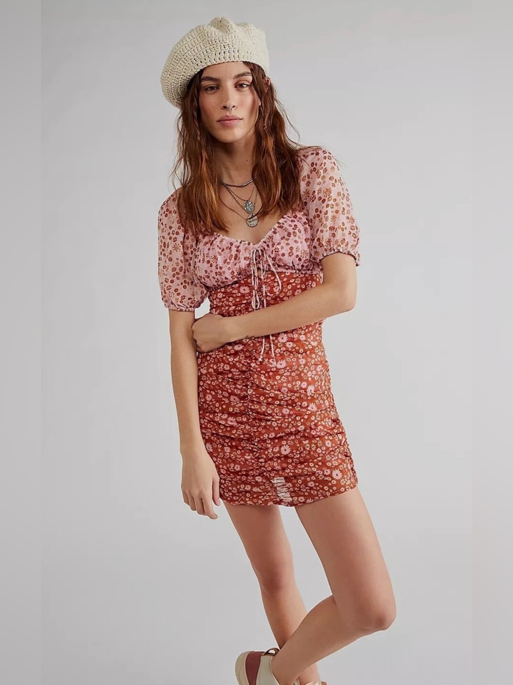 NWOT Free People Tessa Floral Ruched Mini Dress small